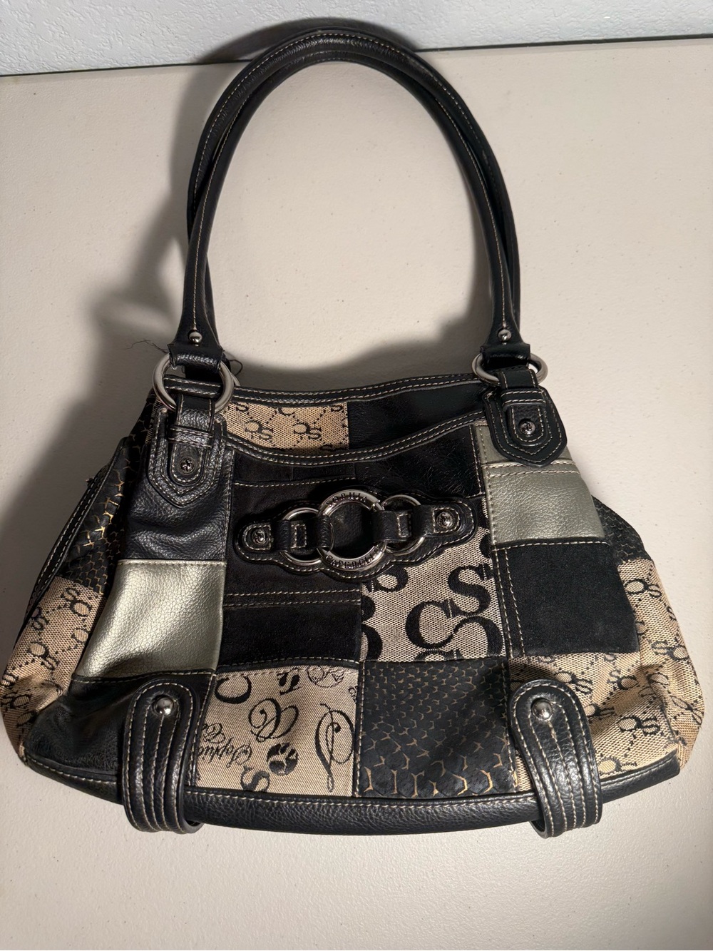 Sophia Caperelli Black and Beige Patchwork Shoulder Bag